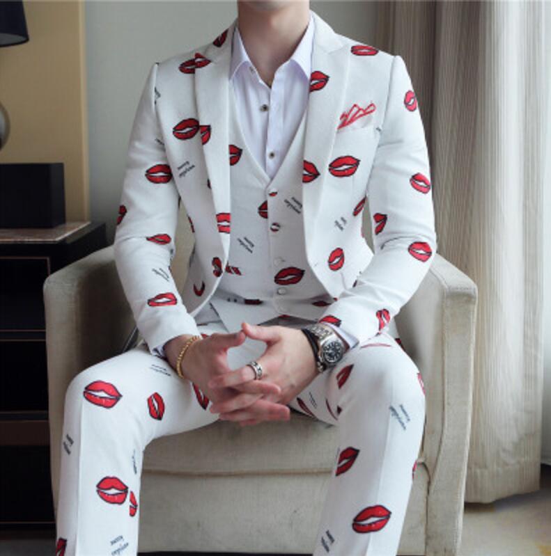 Slim Fit White Red Lip Suit 3 Piece