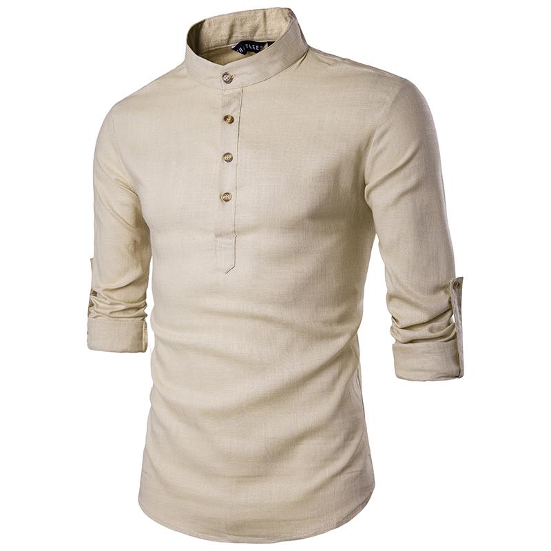 Casual Blended Mandarin Collar Breathable Cotton Shirt