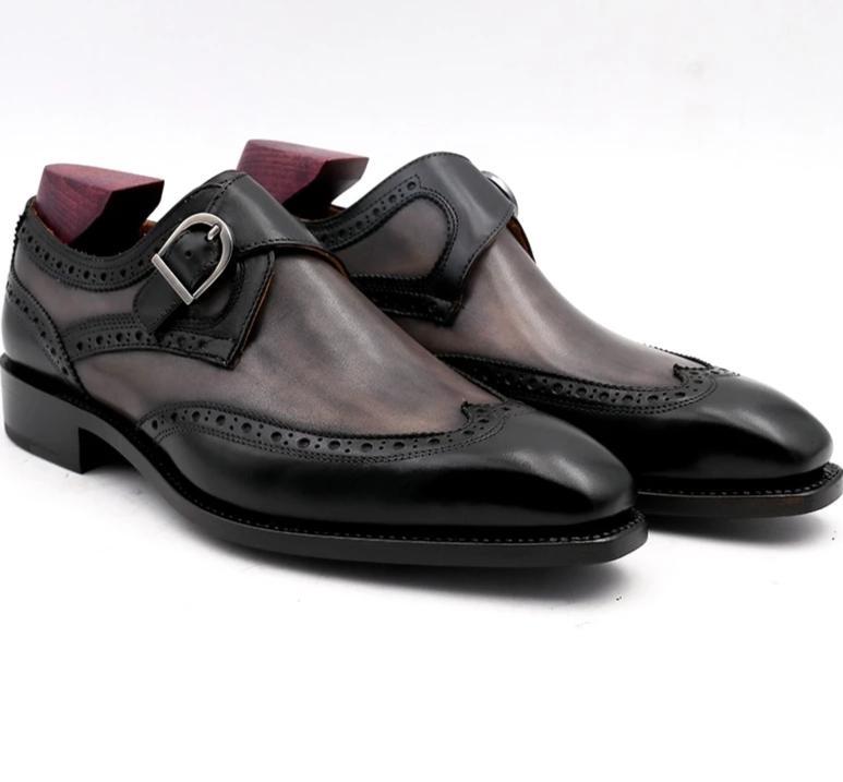 Hand-Painted Patina Gray Black Double Monk Straps Buckle Shoe
