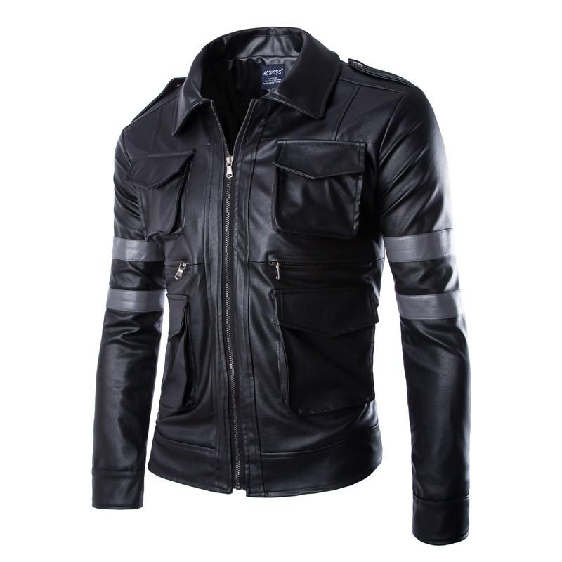 England Style Leather Jacket Men Coat Multi-Pocket Design Men Zipper Motorcycle Jacket Solid Coat