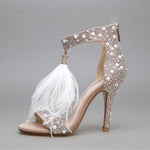 Genuine Leather Rhinestone Feather Thin High Heel