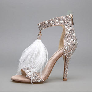 Genuine Leather Rhinestone Feather Thin High Heel