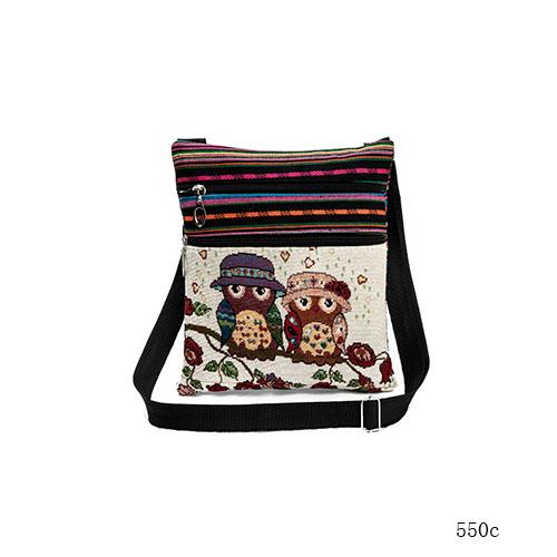 Owl Printed Canvas Double Zipper Mini Bag