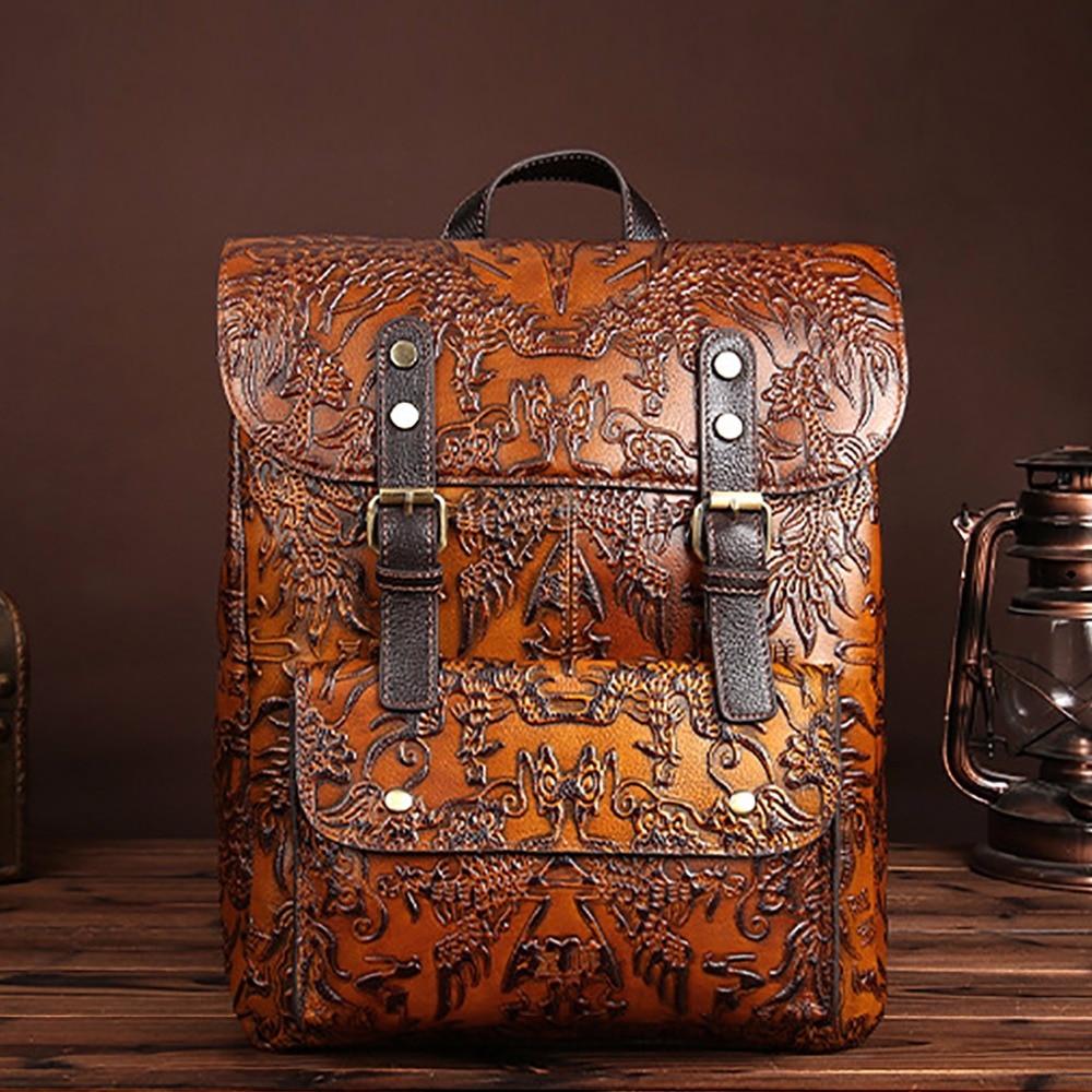 Cowhide Vintage Leather Embossed Backpack