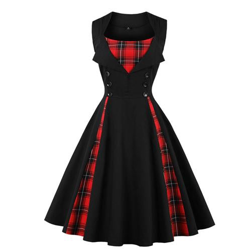 Red Plaid Print Button Pin up Sleeveless Dress