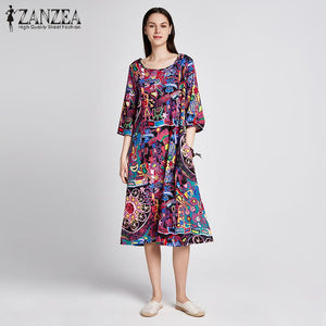 Random Floral Print 3/4 Sleeve Pockets Midi Dress