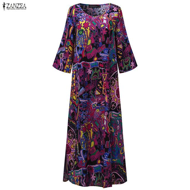 Random Floral Print 3/4 Sleeve Pockets Midi Dress