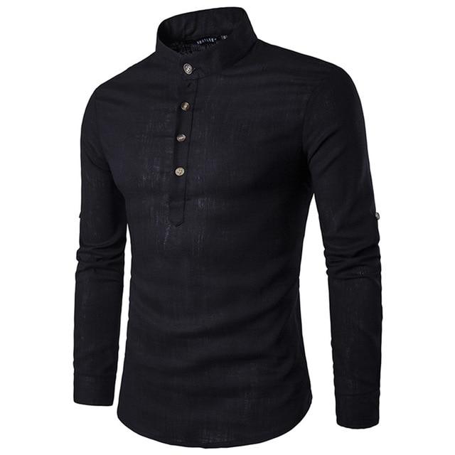 Casual Blended Mandarin Collar Breathable Cotton Shirt