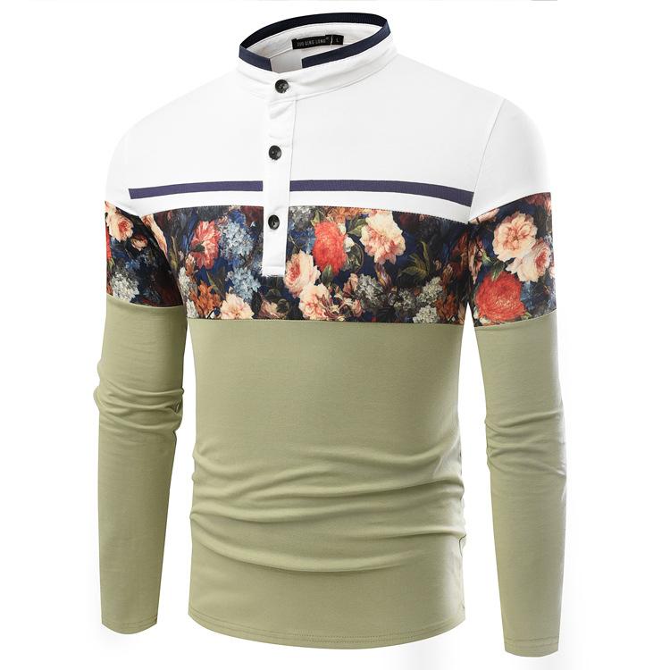 Flower Print Long Sleeve Slim Fit Polo